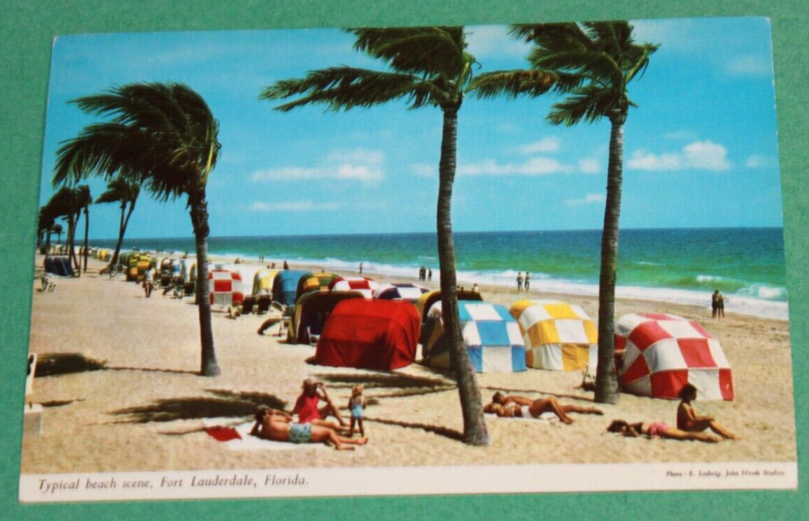 Vintage Travel Postcard Beach Cabanas Ft Lauderdale FL