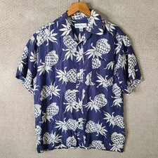 Vintage Hawaii Silkyway Shirt Mens L Blue White Silk Pineapple Print Button Up