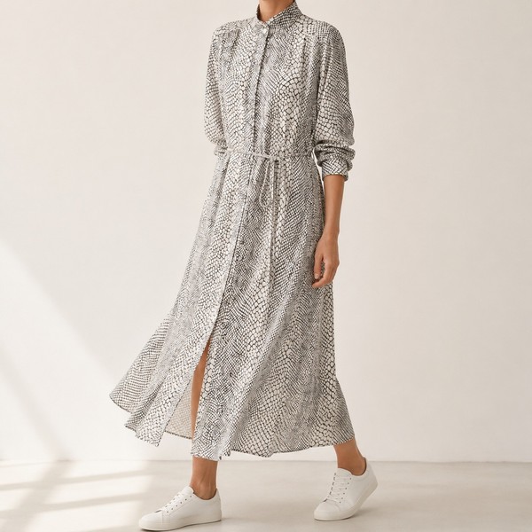H&M Snake Print Midi Shirt Dress XS Monochrome Belted Long Sleeve AU 8-10
