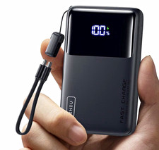 INIU 10000mAh Slim 45W Fast Charge Power Bank Built-In USB-C Cable Qi Black