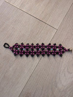 Handgefertigtes Armband aus schwarzen, rosa & klaren Perlen 8 Zoll