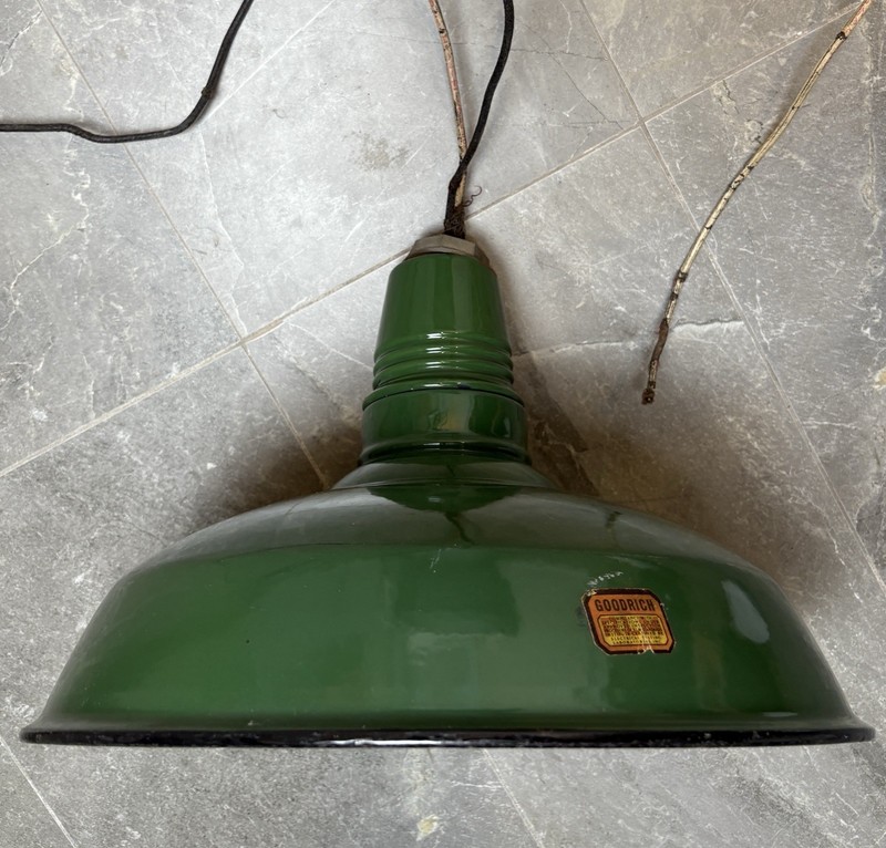 1-1940s Goodrich 16" Porcelain Industrial Green Light