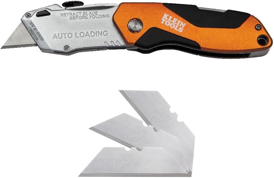 Utility Knife Auto Loading Folding Box Cutter with Three Blades and Pocket Clip