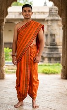 Men's Traditional Indian Dhoti Angavastram Set Orange Green Cotton Ethnic Wear