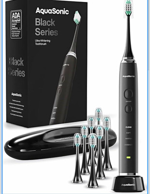 AquaSonic Black Series Sonic Electric Toothbrush Black 8 Heads Case 4 Speed