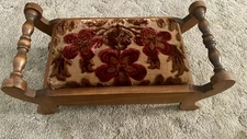 Vintage French Provincial Red Burgundy Floral Velvet Footstool