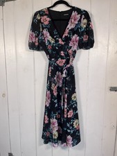 Yumi Kim Wild Rose Black Midnight Love Floral Midi Dress with waist tie Sz. L