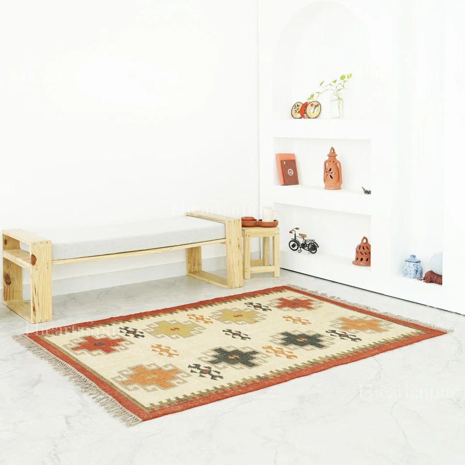 Alfombra de yute de lana Kilim, alfombra tejida a mano, alfombra decorativa boho, alfombra de piso de tamaño personalizado Foto 3 de 4