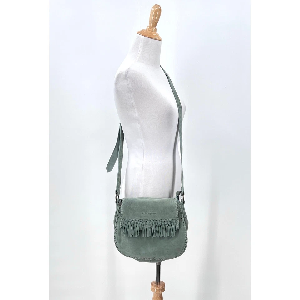 LIEBESKIND BERLIN Lennja Laced Saddle Crossbody Bag Green Suede Fringe Womens - Image 2 of 4