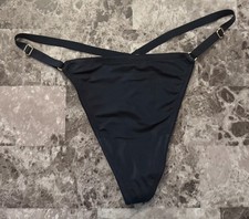 VICTORIA'S SECRET DARK BLUE SATIN SMOOTH GOLD ADJUSTABLE STRAP V STRING PANTIES