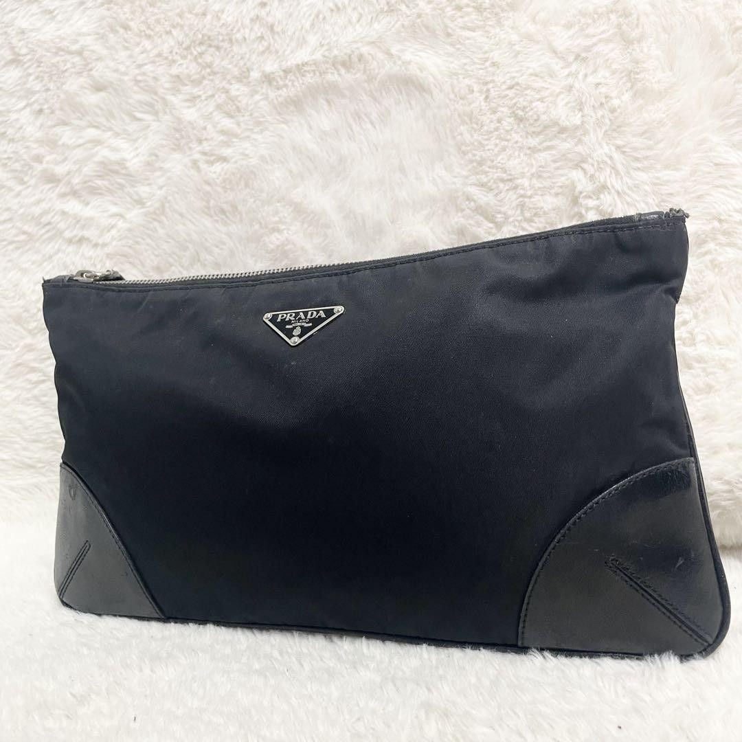 Prada Black Nylon Leather Triangle Logo Clutch Bag Unisex Spacious Pre-Owned