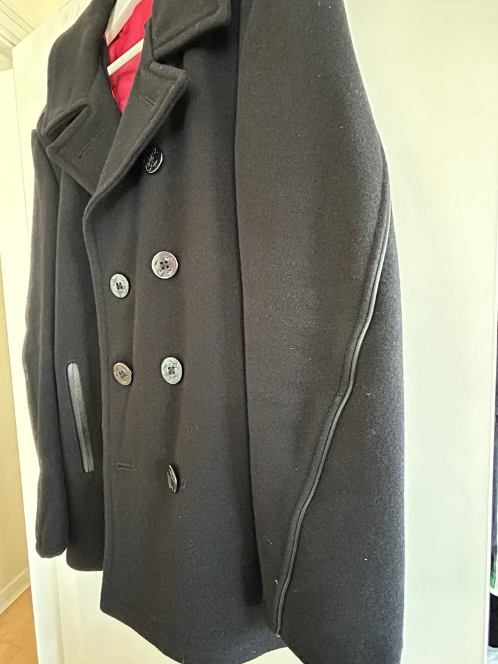 Abrigo de lana con ribete de cuero Schott NYC estilo 740C - azul marino - talla 44 Foto 3 de 4