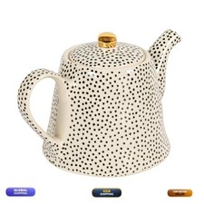 Creative Co-Op White Stoneware Teapot Black Speckles Gold Electroplating