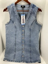 Frye Denim Dress Women Large Blue Metal Button Cotton Stretch Light Wash NWT