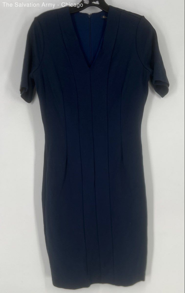 Brooks Brothers Womens Navy Blue Short Sleeve V-Neck Back Zip Shift Dress Size 8
