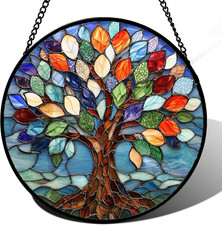 Stained Glass Window Hanging, Colorful Tree of Life s Glass Panel Blue Suncatche