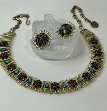 VGT Signed Lisner Purple & Iridescent Rhinestone Necklace & Earrings Gold Tone