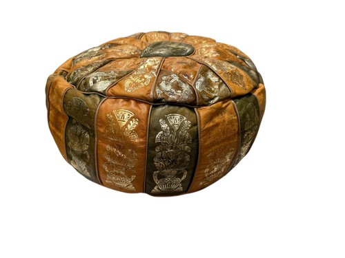 Vintage Ägyptischer Ottoman Pouf Königin Nofretete Hieroglyphen Leder Marokkanisch - Bild 4 von 7