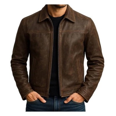 Mens Motorcycle Cafe Racer Vintage Biker Brown Distressed Real Leather Jacket