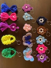 15 PC Handmade Crochet Keychain Set Colorful Flower Bow Pearl Key Ring Gift