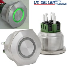 30mm Latching Push Button Power Switch Stainless Steel w/ Green LED Waterproof