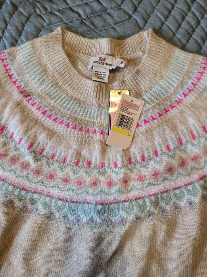 Suéter para mujer Vineyard Vines Shine Fair Isle M nuevo con etiquetas mezcla de lana jaspeada avena Foto 2 de 4