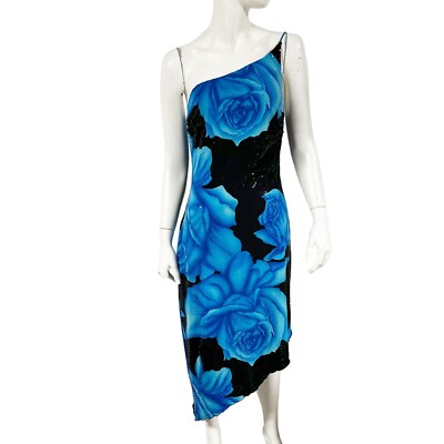 cache blue sequin dress Vintage Cache Y2k 90s One Shoulder Rose Sequin Dress Womens Sz 8 Asymmetric  Hem