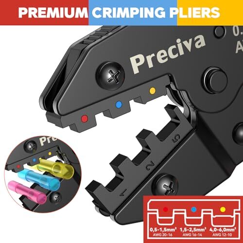 Preciva Ratcheting Wire Crimping Tool For Heat Shrink Connectors (AWG20-10) - Color-Coded Jaws, Adjustable Pressure