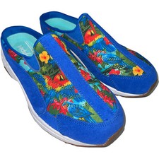 Easy Spirit Traveltime Clogs Parrots Tropical Athleisure Blue Suede Mules Shoes