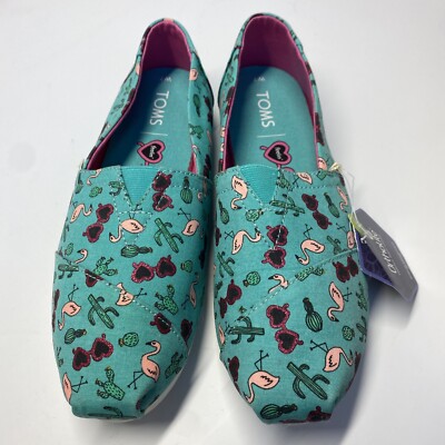 TOMS Classic Canvas Green Cactus Print Shoes Size W7 Flats Slip-On Casual