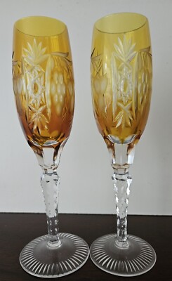 (2)  AJKA Amber Gold Cased Cut to Clear Crystal Wine Champagne Flutes Goblets 