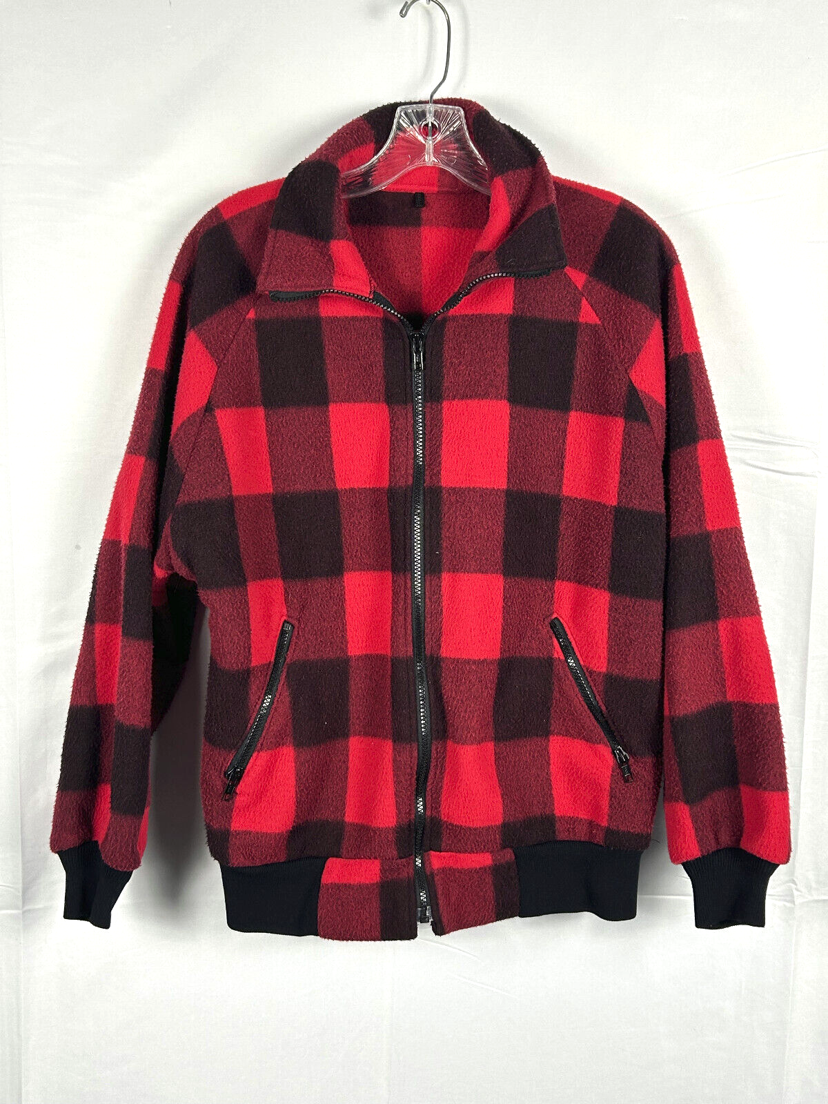 LL Bean Women's Medium Red Black Buffalo Plaid Bomber Jacket with Pockets