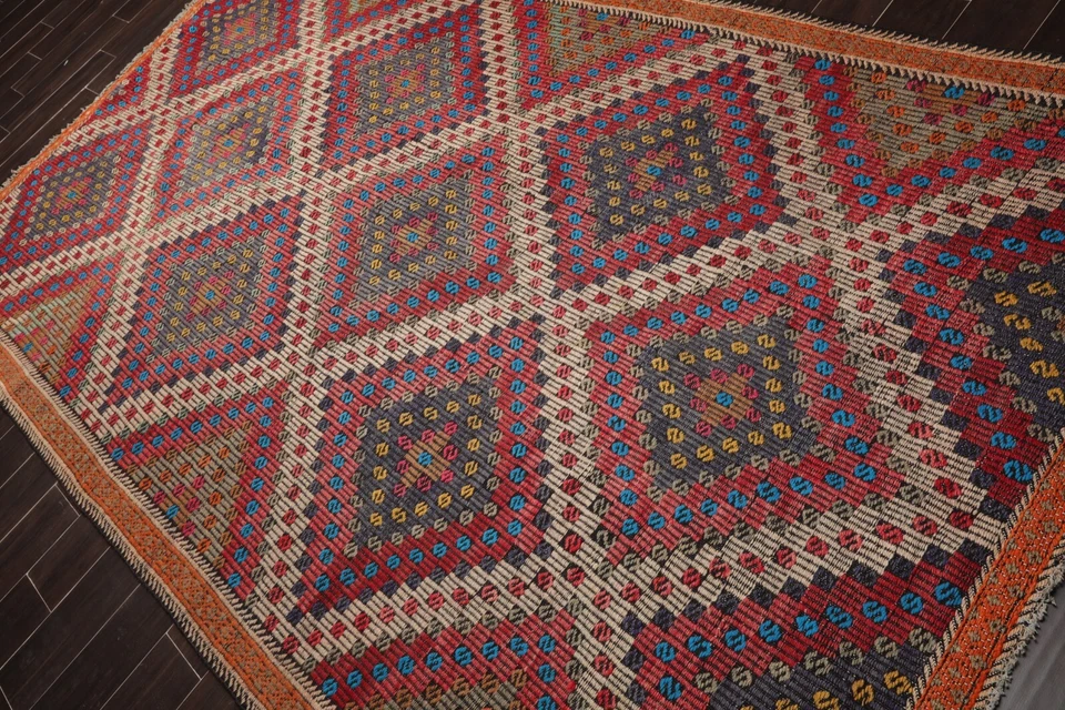 Rare Unique Vintage Turkish Kilim Hand Woven Wool Area Rug Rust 5'11" x 10'4" - Image 4 of 4