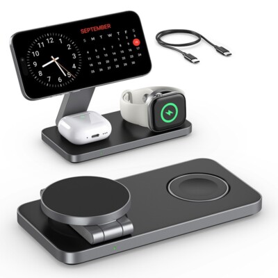 3-in-1 Magnetic Wireless Charger Foldable for iphone 17, 16,15, 14,13,12 Airpods