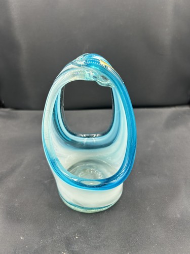 Vintage Turquoise Blue White Swirl Mexican Glass Curved Vase Bowl Candy Dish 5"
