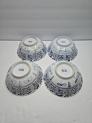 Vintage Bloomingdales Ceramic Hand Painted 7 Inch Blue White Bowls Set of 4 - Picture 6 of 10