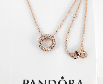 NEW 100% Authentic Pandora Rose Gold Logo Pavé Circle Collier Necklace  387436C01