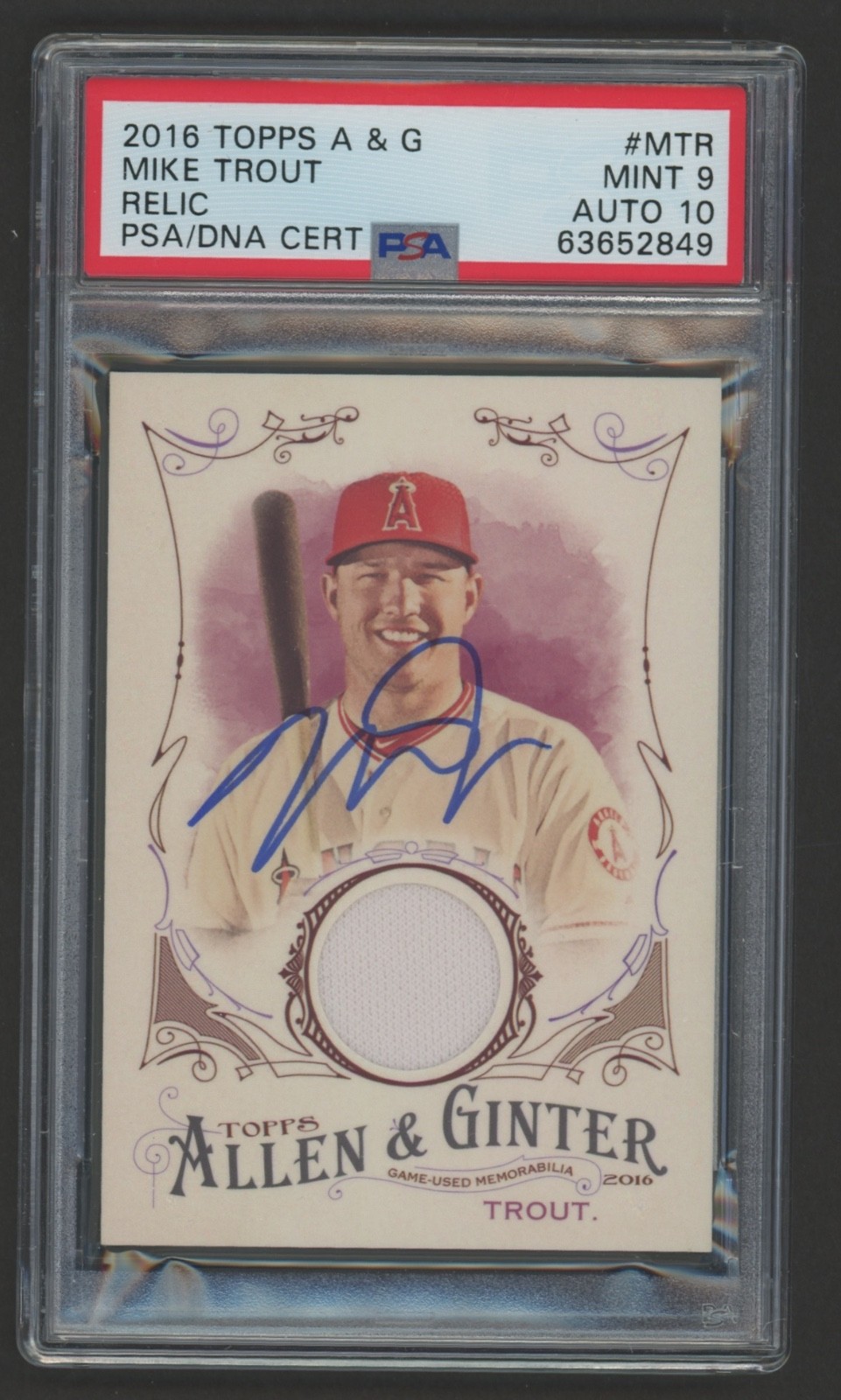 2016 Topps A & G #MTR MIKE TROUT Autograph Relic PSA 9/10 "One of a KIND"