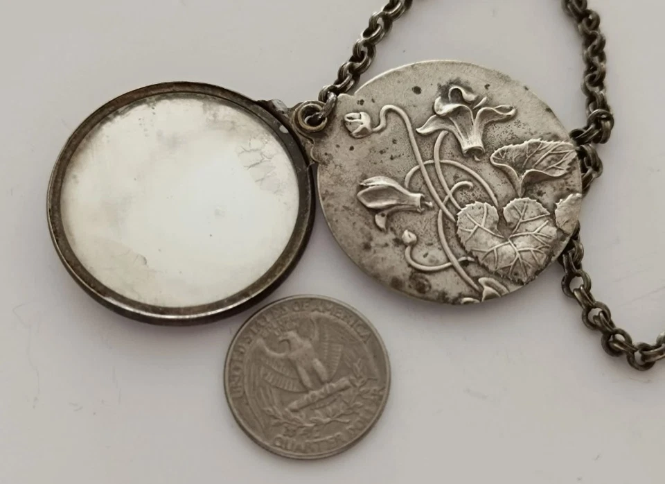 Miroir ancien Art Nouveau châtelaine argenté Antique Art Nouveau pocket mirror - Photo 3/4