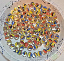 Lot of 110 Vintage Cat's Eye Glass Marbles; Orange/Yellow/Blue