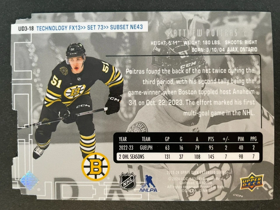Matthew POITRAS 2023-24 Upper Deck Extended Series UD3 Die-Cut #UD3-18 Boston - Image 2 of 2