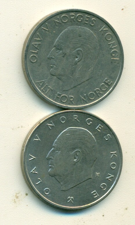2 DIFFERENT 5 KRONUR COINS from NORWAY DATING 1963 & 1974 (2 DIFFERENT TYPES)