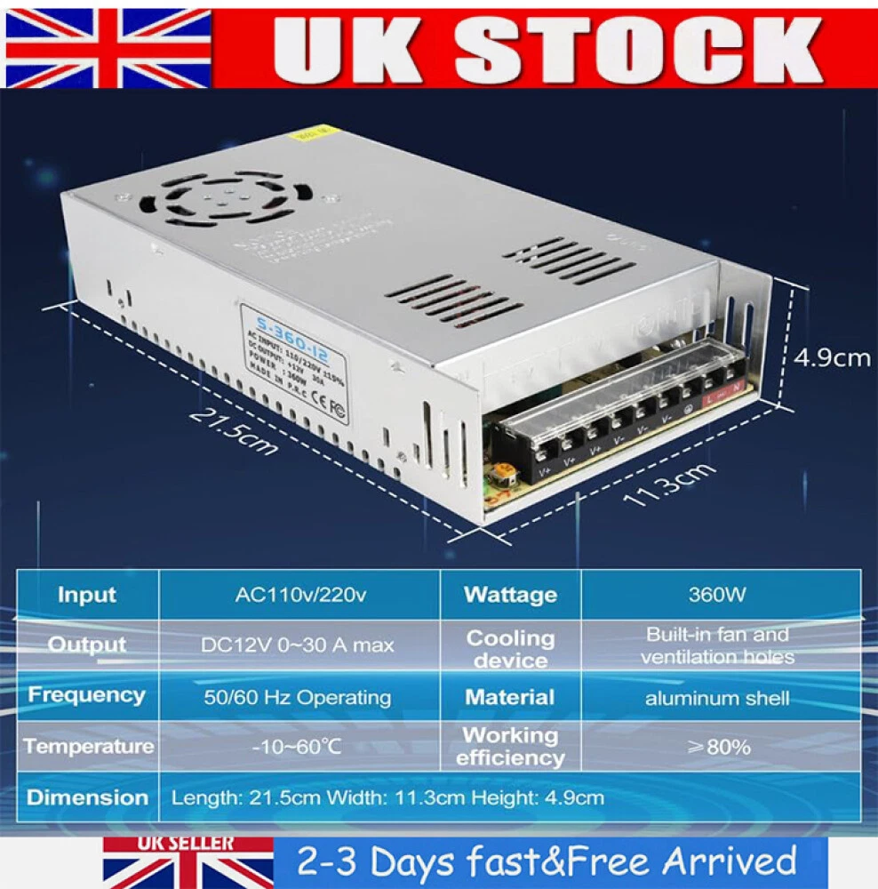 Sun Sone 12V Power Adapter (1A/2A/5A/6A/8A/10A) With UK Plug - For LED Strips, CCTV, & More (3-Year Warranty!)