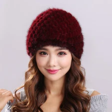Real Mink Fur Hat Women Winter Warm Beanie Cap Handmade Fluffy Black Brown Wine