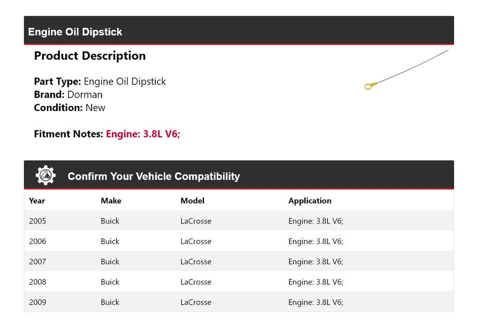 Varilla de medición de aceite de motor Dorman V6 3,8 L Buick LaCrosse 2005-2009 2006 2007 2008 Foto 2 de 4