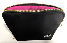 Kusshi Black Pink Makeup Bag Nylon Golden Zipper with Hoops Travel Hand 8x5