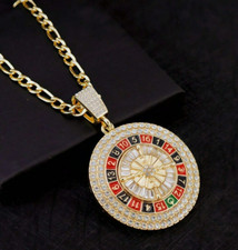 Gold Plated Spinning CZ Casino Roulette Lucky Pendant 24" Figaro Chain Necklace