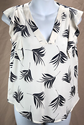 Ann Taylor top SP wht/blk Tropical V-neck Cap Ruffle sleeve Hi Lo Coconut Girl