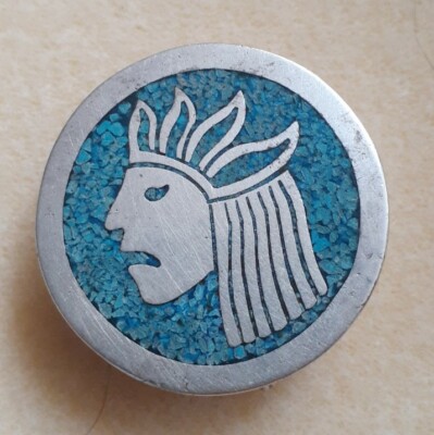 Taxco Mexico Sterling Silver Turquoise Inlay Aztec Warrior Pill Box TL-12 RLL