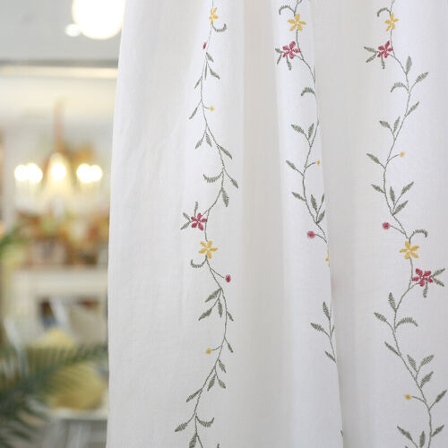 Rustic Embroidered Floral Short Curtain Door Window Drape Home Cafe Pom Pom Trim - Picture 11 of 12